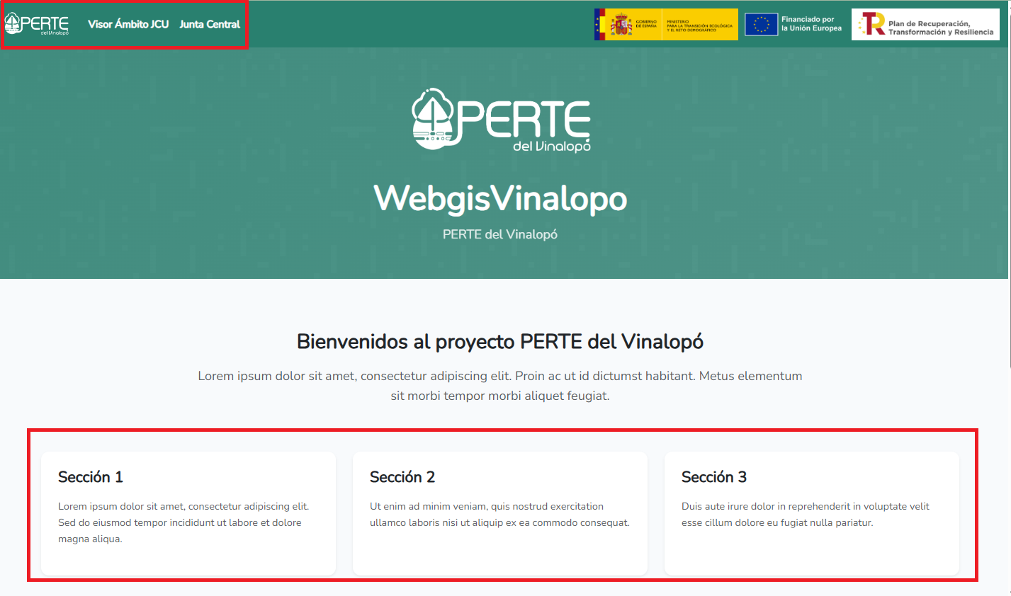Imagen de los apartados de la web
